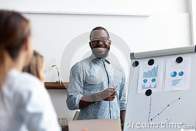 Business coach teach staff gathered together in seminar Stock Photo