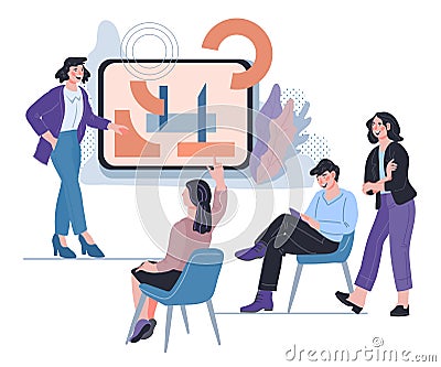 Business coaching banner with people near presentation board. Teamwork corporate education Cartoon Illustration