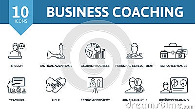 Business Coaching icon set. Monochrome simple Business Coaching icon collection. Speech, Tactical Advantage, Global Vector Illustration