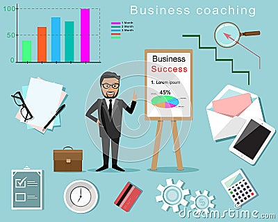 Business Coaching infographic. Man with board and different business elements Vector Illustration