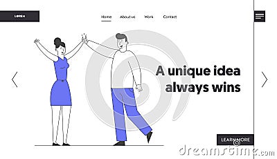 Business Colleagues Giving Highfive in Office Website Landing Page. Man and Woman Beating Hands Rejoice for Good Job Vector Illustration