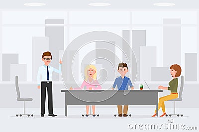 Business meeting at office, talking, sitting at table, hand writing, typing vector illustration. Busy men, women cartoon character Vector Illustration