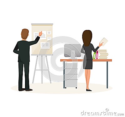 Office workers in office clothes, engaged marketing, analysis, financial planning. Vector Illustration