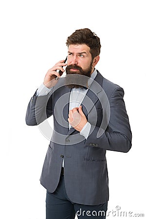 Business communication. bearded businessman in formal suit. Agile business. mature man. man speaking on phone. success Stock Photo