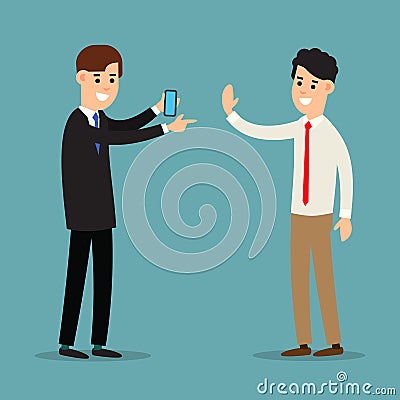 Business communication. Cooperation concept. Using phone in business. Information communication technology. Cartoon illustration Vector Illustration