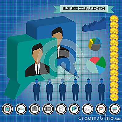 Business communication infographic with icons, persons, money and charts, flat design Vector Illustration