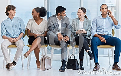 Business communication, team conversation and talking of corporate staff waiting for an interview. Happy discussion of Stock Photo
