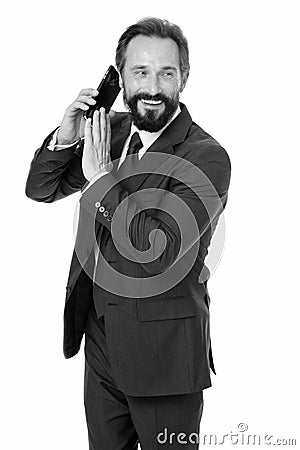 Business communications. Wait a minute. Busy with conversation. Businessman formal suit holds smartphone. Man bearded Stock Photo