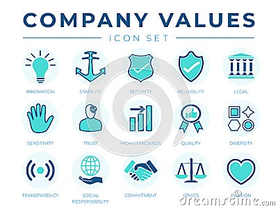 Business Company Values icon Set. Innovation, Stability, Security, Reliability, Legal, Sensitivity, Trust, High Standard, Quality Vector Illustration