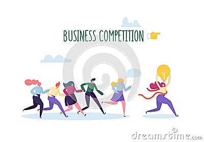 Business Competition Concept. Flat People Characters Running with Leader Crossing Finish Line with Light Bulb Vector Illustration