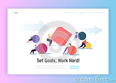 Business Competition Concept Landing Page. Corporate People Character Move Geometric Shapes for Teamwork Vector Illustration