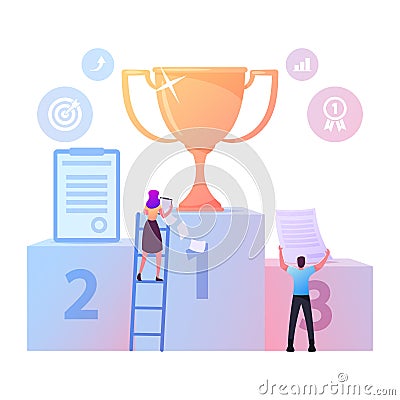 Business Competition Concept. Tiny Businessperson Characters Climbing on Pedestal with Golden Goblet on Top Vector Illustration