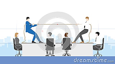 Two businessmen, boss, employees, and salarymen fighting a tug of war in an office workplace Stock Photo