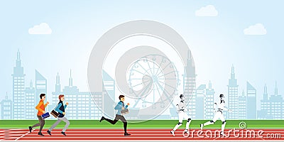 Business competition with human and Artificial Intelligence cartoon on athletic track on city view background Vector Illustration