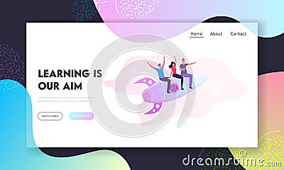 Business Competition, Leadership Website Landing Page. Businesspeople Team Flying with Rocket Engine Racing Vector Illustration