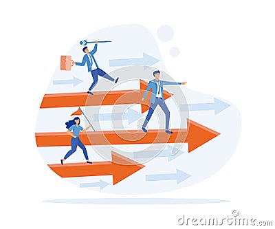 Business competition. Three business persons racing on the arrows, Vector Illustration