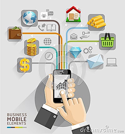 Business computer network. Business hand with mobile template. C Vector Illustration