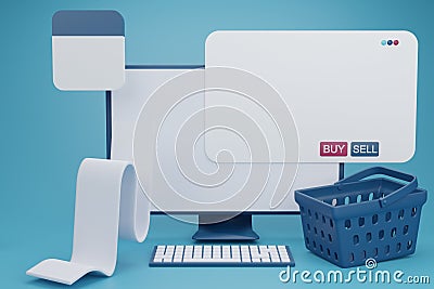 Business computer with shopping basket,paper bill and calendar.digital wallet.Shopping mobile app Cashback and banking,money- Stock Photo