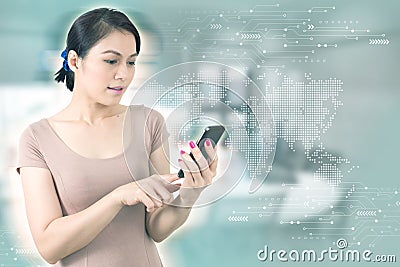 Business concept. Asia Businesswoman touching screen smartphone. Stock Photo