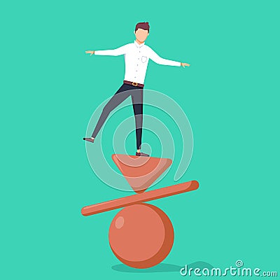 Business concept of balance, illustration. Businessman standing on top of inverted pyramid, plank and ball. Cartoon Illustration