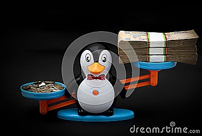 Bowl of children's scales in the form of a toy penguin with a stack of paper money and metal coins on a black background Stock Photo