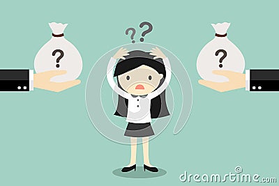 Business concept, Business woman confused about two choices. Vector Illustration