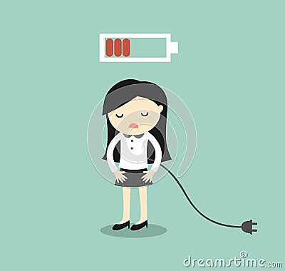 Business concept, Business woman feeling tired and low battery. Vector illustration. Vector Illustration