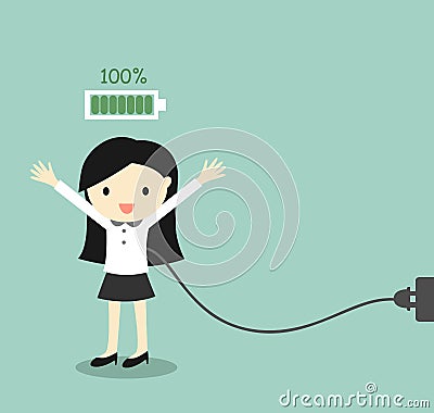 Business concept, Business woman with full battery. Vector Illustration