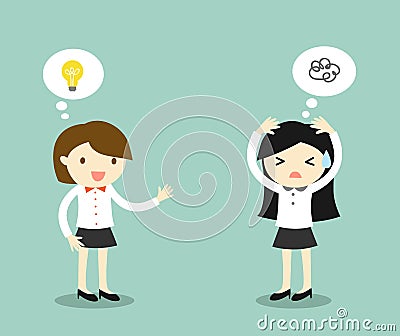 Business concept, business woman has idea but another business woman is stuck for an idea. Vector Illustration