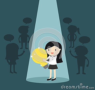 Business woman standing alone in spotlight while holding big light bulb. Cartoon Illustration