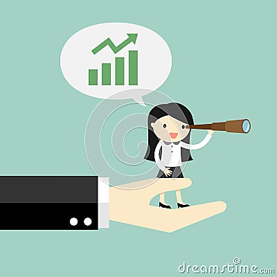 Business concept, Business woman standing on the big hand and using her telescope and talking about growing up graph. Vector Illustration