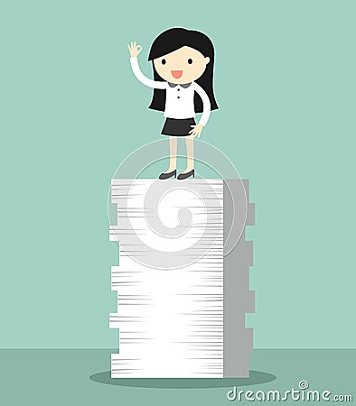 Business concept, Business woman is standing on the tops of papers. Vector Illustration