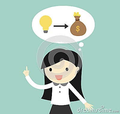 Business concept, Business woman is thinking about make money from his idea / startup. Vector Illustration