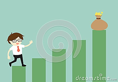 Business concept, Businessman climbing the stairs to the gold cup. Vector Illustration