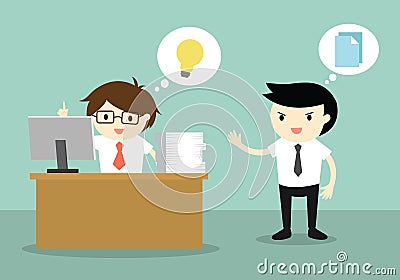 Business concept, Businessman has an idea but his colleague want to copy his idea. Vector Illustration