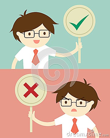 Business concept, Businessman holding true and false sign. Vector illustration and flat design. Vector Illustration