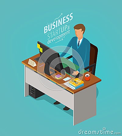 Business concept. Businessman, man sitting at desk with computer. Office worker, work, workplace, career icon. Flat Vector Illustration