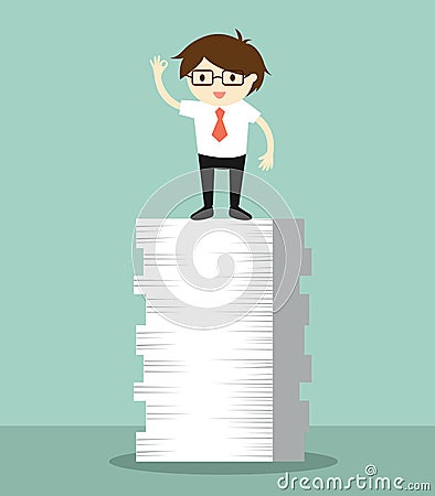 Business concept, Businessman is standing on the tops of papers. Vector Illustration