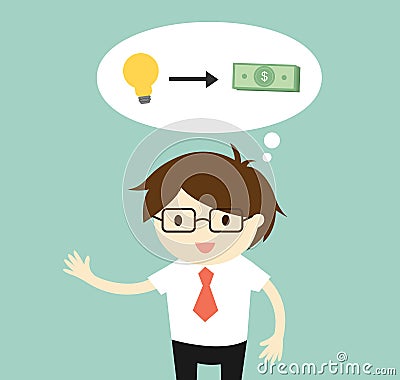 Business concept, Businessman is thinking about make money from his idea / startup. Vector Illustration