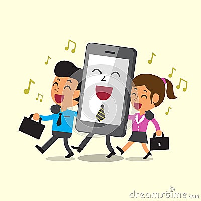 Business concept cartoon business team and smartphone walking and singing together Vector Illustration