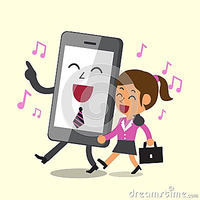 Business concept cartoon smartphone and a businesswoman walking and singing together Vector Illustration