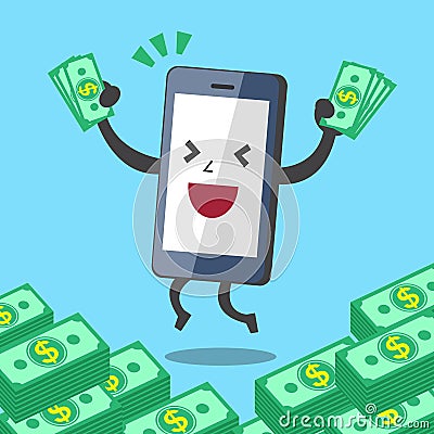 Business concept cartoon smartphone character earning money stacks Vector Illustration