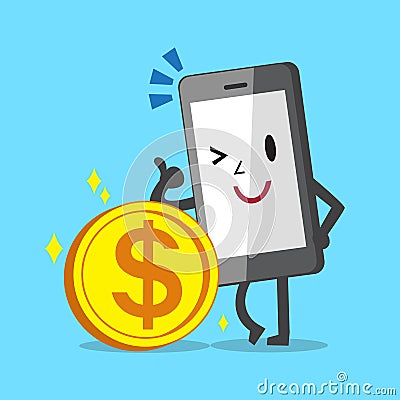 Business concept cartoon smartphone character leaning against coin Vector Illustration