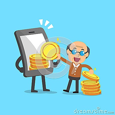Business concept cartoon smartphone help senior man to earn money Vector Illustration
