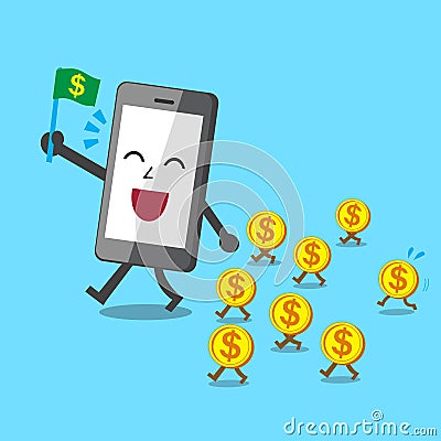 Business concept cartoon smartphone walk with money coins Vector Illustration