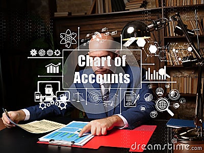 Business concept about Chart of Accounts with inscription. Young businessman reading paperwork at desk in office on background Stock Photo