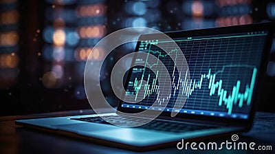 Close up laptop with financial stock index graphs data. Ai generative Stock Photo
