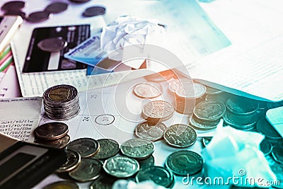 Business concept with coins, deadline calendar ,calculator, credit card and account bank Stock Photo