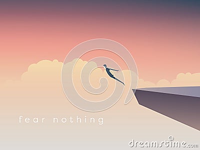 Business concept of courage. Businessman jumping off a cliff as sign brave leadership and step forward. Vector Illustration