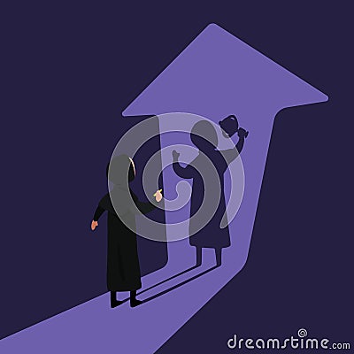 Business concept design Arabian businesswoman holding winning trophy shadow and arrow pointing up. Woman facing lifting trophy Vector Illustration